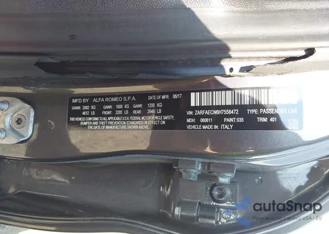 2017 Alfa Romeo Giulia Ti Rwd z USA, uszkodzony, nr VIN ZARFAECN6H7558472